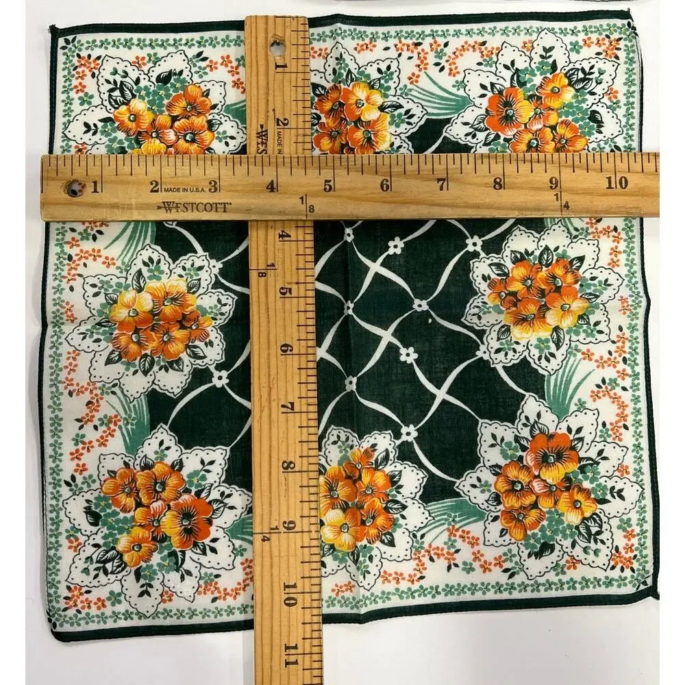 Set of 3 Vintage Hankie Handkerchiefs - Green Red Yellow Floral Beautiful - Picture 5 of 6